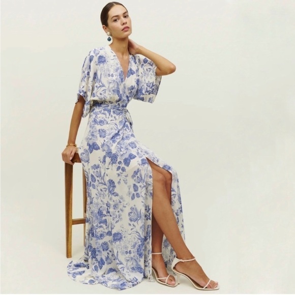 Reformation Winslow Lucerne Floral Blue White Rose Wrap Dress slit tie waist NWT - Picture 3 of 9
